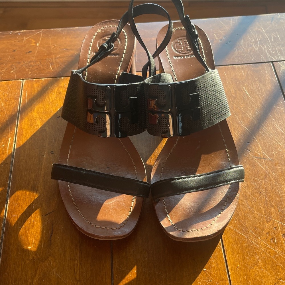 Tory Burch Black Leather Heels with Brown Sole